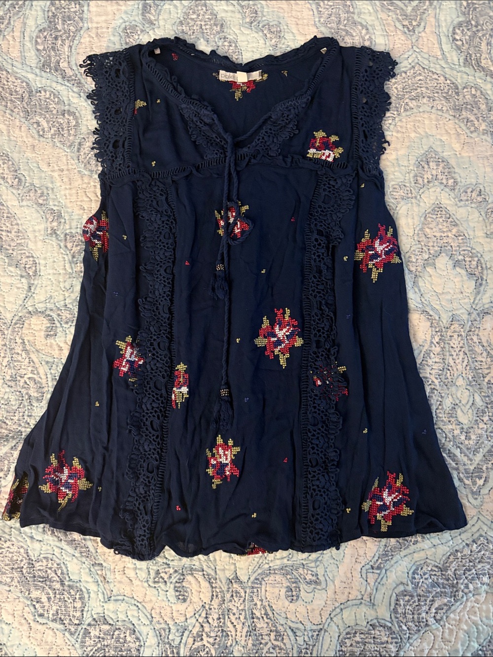 Navy Embroidered Crochet-Trim Sleeveless Blouse